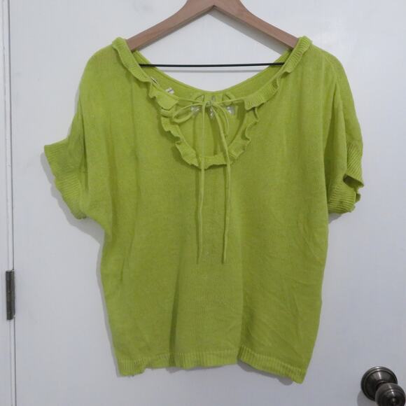 MOTH Antrhopologie Womens Sz M Green Knit Short Sleeve Top Bow Tie Back Linen - Picture 2 of 9